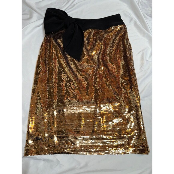 Issac Mizrahi Pencil Skirt Size SP Gold Black Sequin Front Bow Disco Glamour Hot - Picture 1 of 7